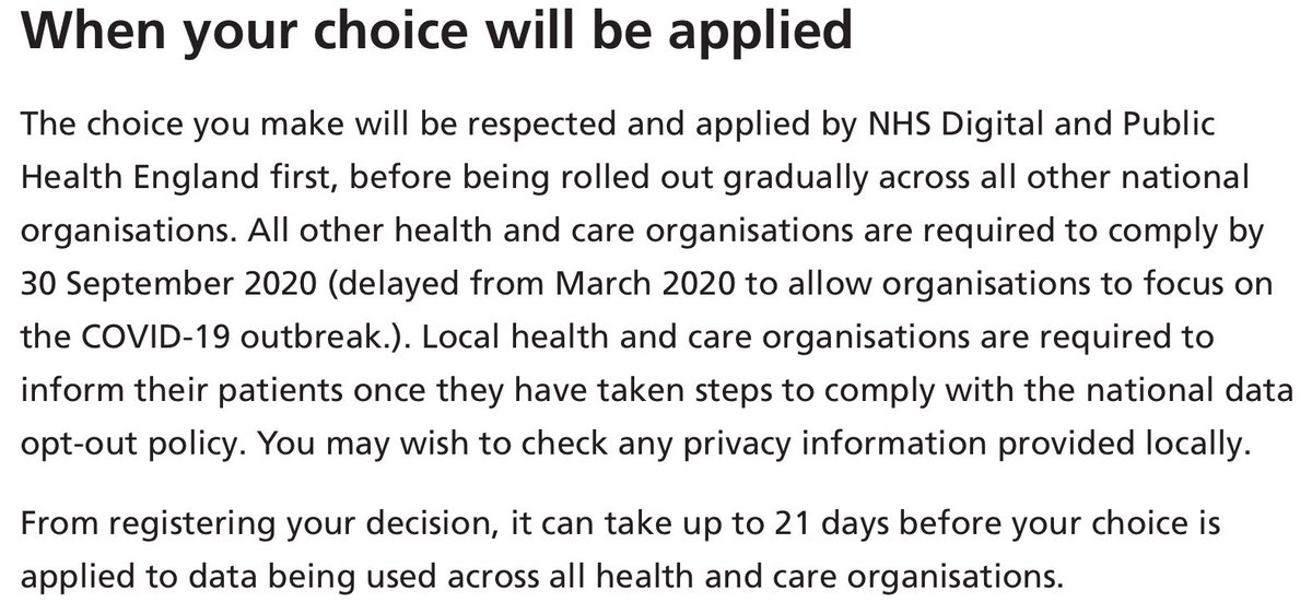 9/. Few people are aware that, since the 30 September, the NHS may be sharing your data “for research purposes”You can opt out, but the NHS will still share your anonymous data - from which you can be identified - & you CANNOT opt out if there is an “overriding public interest”