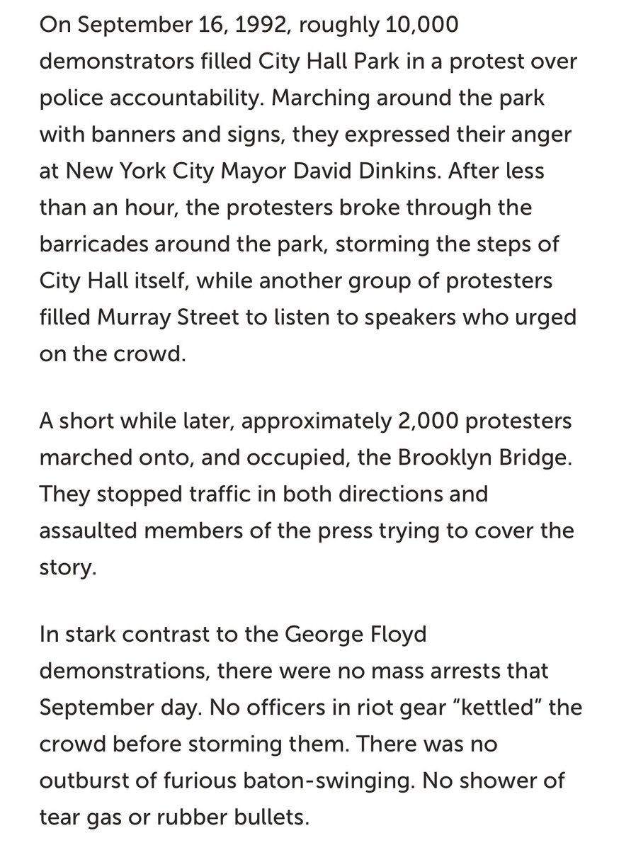 Off duty officers terrorized and intimidated Black City Council members, blocked the Brooklyn Bridge and side streets, and the 350 cops on duty let them rock.This riot was basically a Giuliani campaign event.  https://www.cato.org/publications/commentary/rudys-racist-rants-nypd-history-lesson