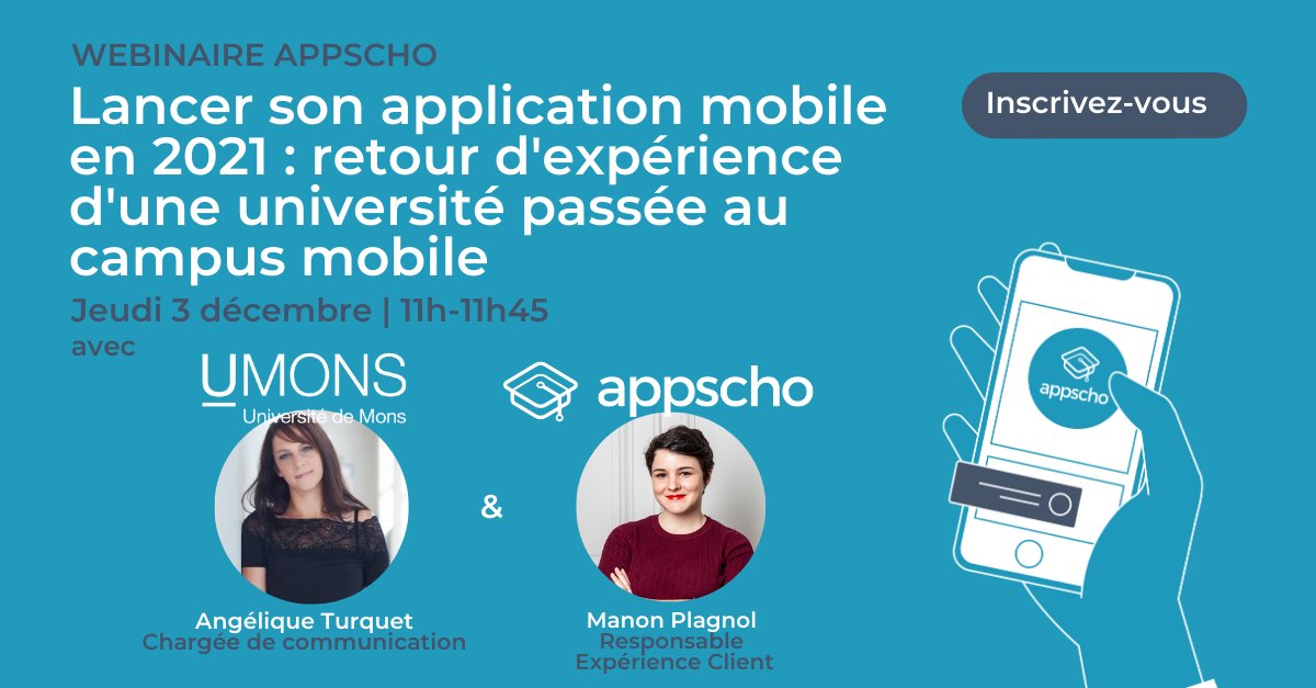 📅 [WEBINAIRE APPSCHO] 
Le jeudi 3 décembre à 11h, Angélique Turquet de @umons et <a href="/ManonPlagnol/">Manon Plagnol</a>, Responsable Expérience Client chez @AppScho, donneront tous les détails d'un lancement réussi d'app mobile dans le #supérieur.

👉 Détails et inscription ici : app.livestorm.co/appscho/lancer…