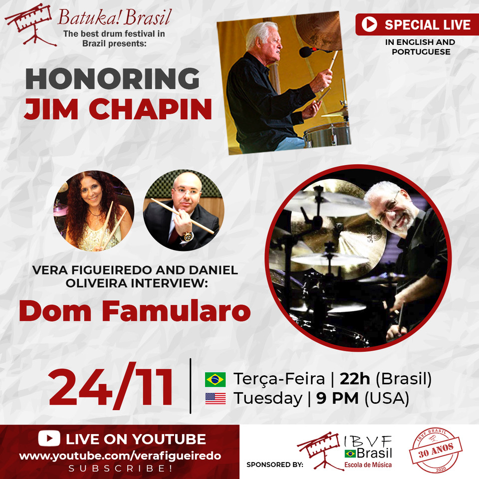 Hoje, Vera Figueiredo entrevistará Daniel Oliveira e Dom Famularo. Live especial que também homenageará Jim Chapin.

Inscreva-se no canal de Vera Figueiredo – youtube.com/verafigueiredo.

#domfamularo  #danieloliveira #verafigueiredo  #batukabrasil  #ibvfbrasil30anos