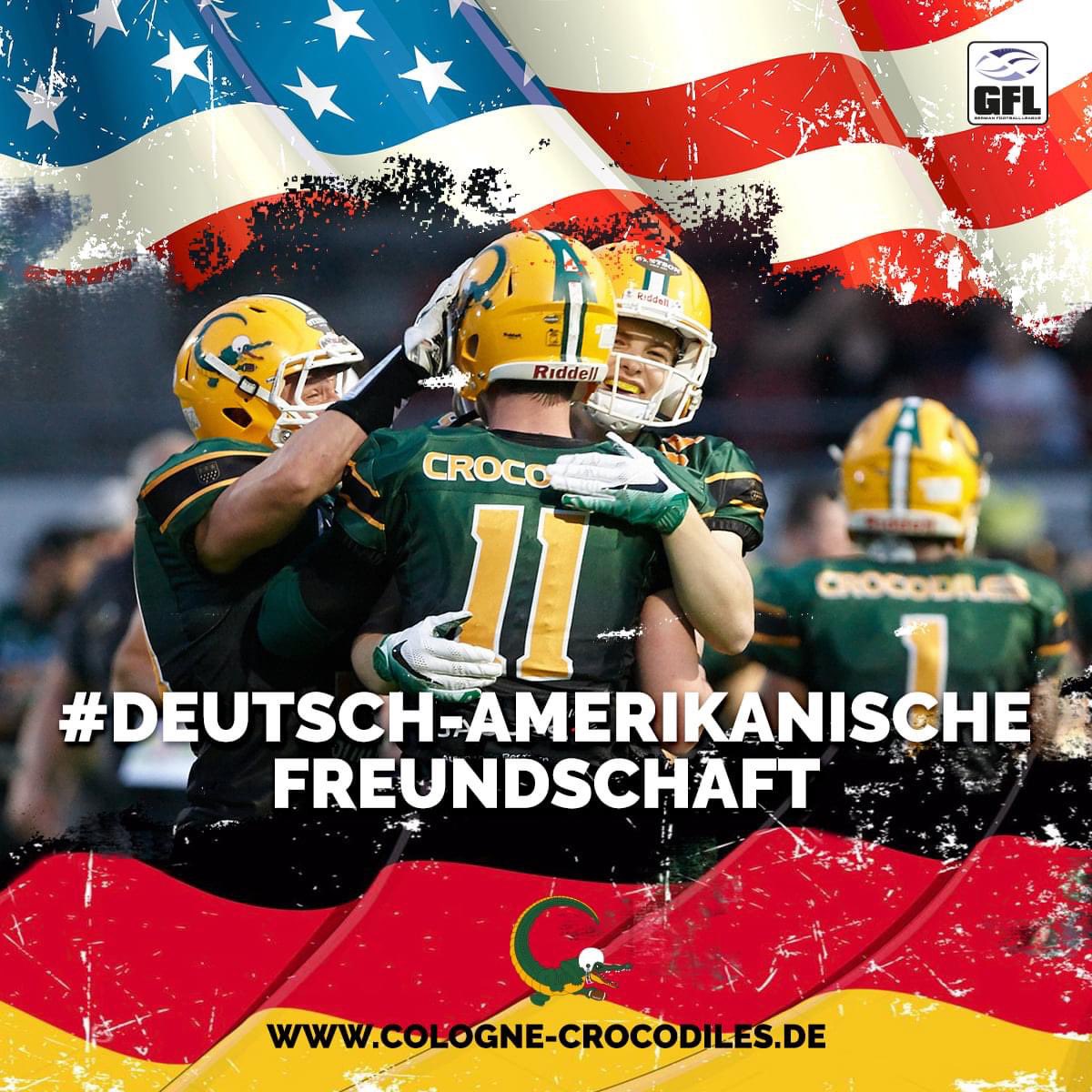 CCrocodiles's tweet photo. Mit der #USBotschaft und dem #USConGenNRW möchten wir unseren Beitrag zur #DeutschAmerikanischeFreundschaft leisten. In diesem Sinne wünschen wir euch eine schöne #AmerikaWoche. Mehr auf Facebook ... 
#CCrocodiles #Domstadtfootball #WeAreFamily #USADays https://t.co/fWpkdbmMg2