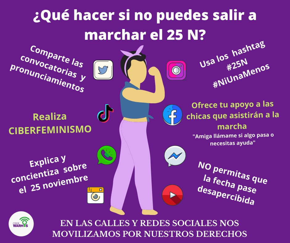 CiberWarmis's tweet photo. 📌Si no puedes salir a marchar el #25N no te preocupes💜, te dejamos algunas sugerencias para estar activa ese día ♀️🔥.
📣En las calles y  #redessocialessociales 📱 nos movilizamos por nuestro derechos ♀️💜💚🔥
#NiUnaMenos ♀️
#CiberWarmis 💜
#Ciberfeminismo 📱 https://t.co/HfFtOUZX77