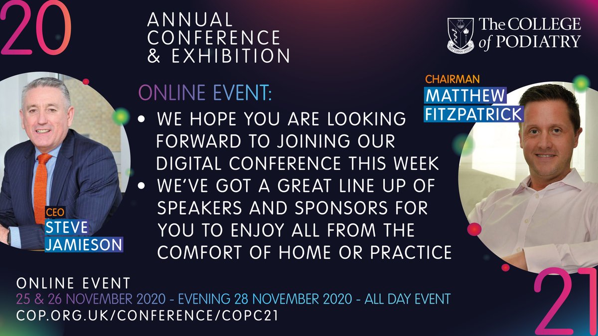 RoyColPod's tweet photo. Join Steve Jamieson, CEO and Matthew Fitzpatrick, Chairman tomorrow for the College of Podiatry’s first digital conference
#podiatry #spectacularpod #digitalconference #collegeofpodiatry #podiatrist #podiatricsurgery #podiatricsurgeon https://t.co/LTQo1BTwlW