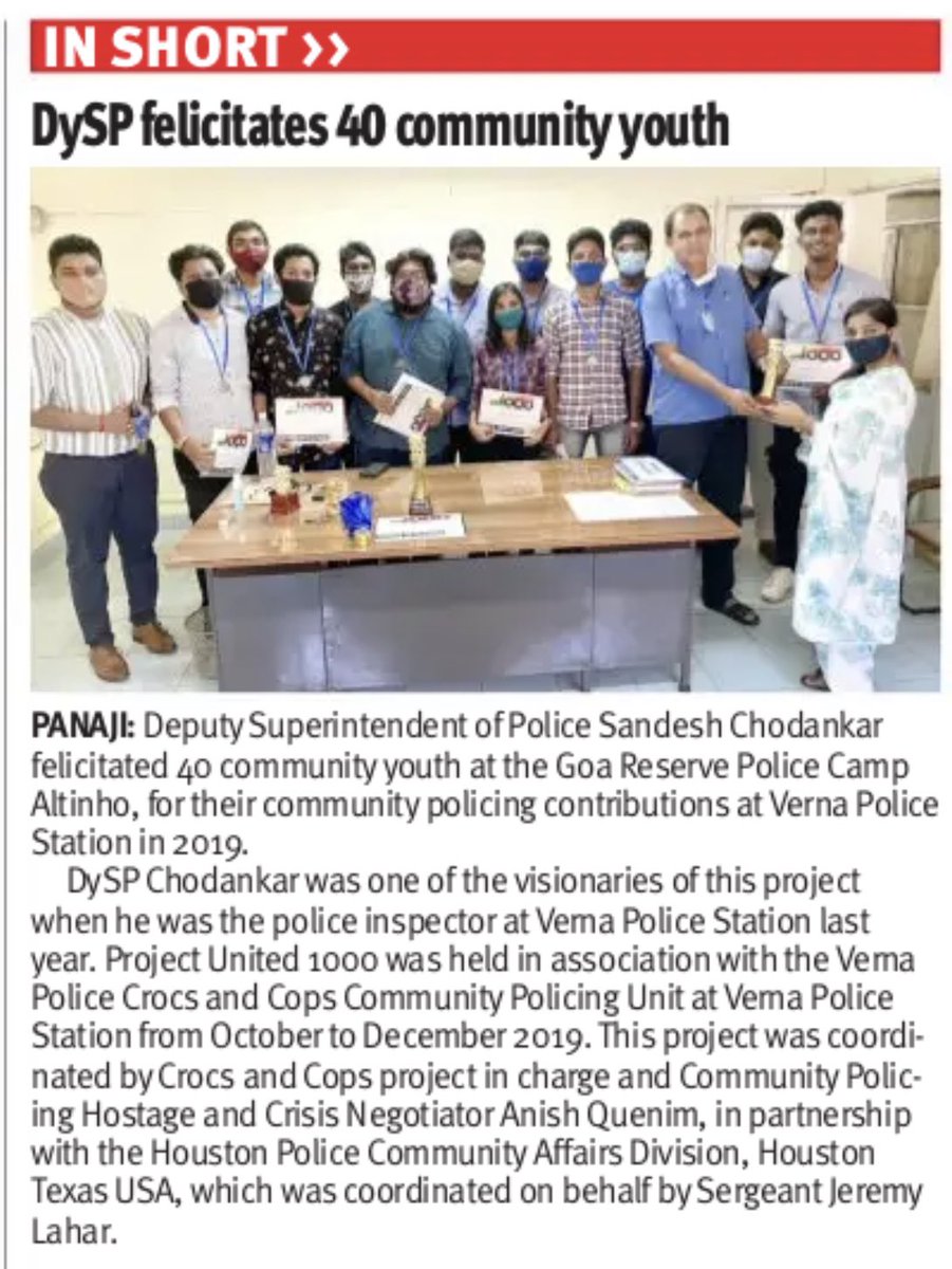 CrocsAndCops's tweet photo. Thank you @thegoaneveryday for featuring the #United1000 Felicitation Ceremony. We are very grateful 📰

#VernaPolice #GoaPolice https://t.co/6vQbuVJeqz