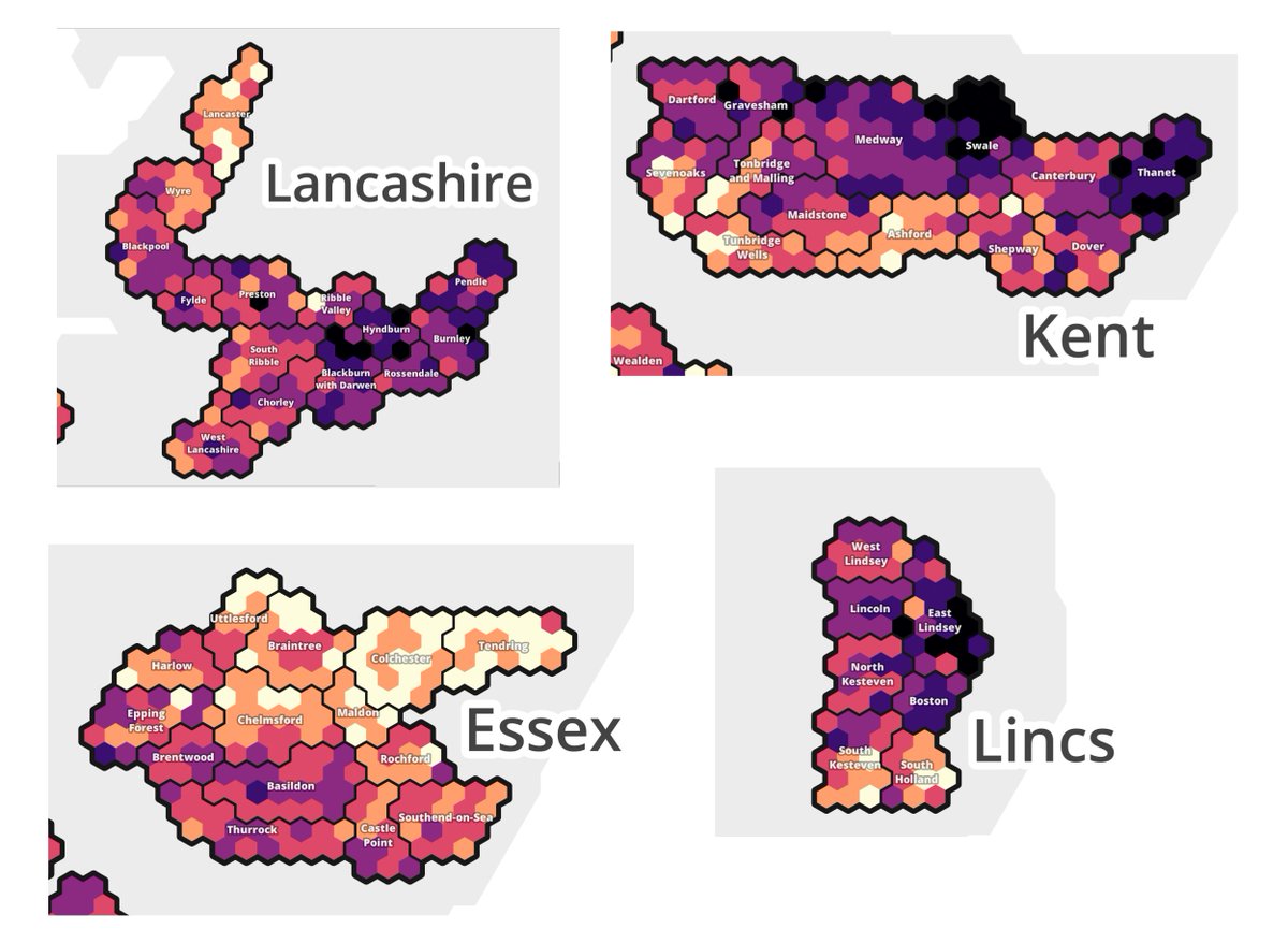 Lots of examples now of substantial variation *within* counties and conurbations, and not just *between* them. Check out Lancashire, Kent, Essex and Lincs, all of which span entire the spectrum from low covid rates to high covid rates.