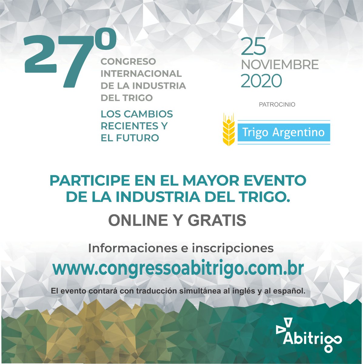 CABC_1905's tweet photo. 📅 Mañana llega el Congreso Internacional ABITRIGO y queremos que seas parte de este encuentro.
El evento será gratuito y online, de 9 a 12 hs. Inscribite en https://t.co/y7ti8ailVw
#congreso #CABC #sembrandotransparencia #trigoargentino #ABITRIGO https://t.co/83AwpGImnT