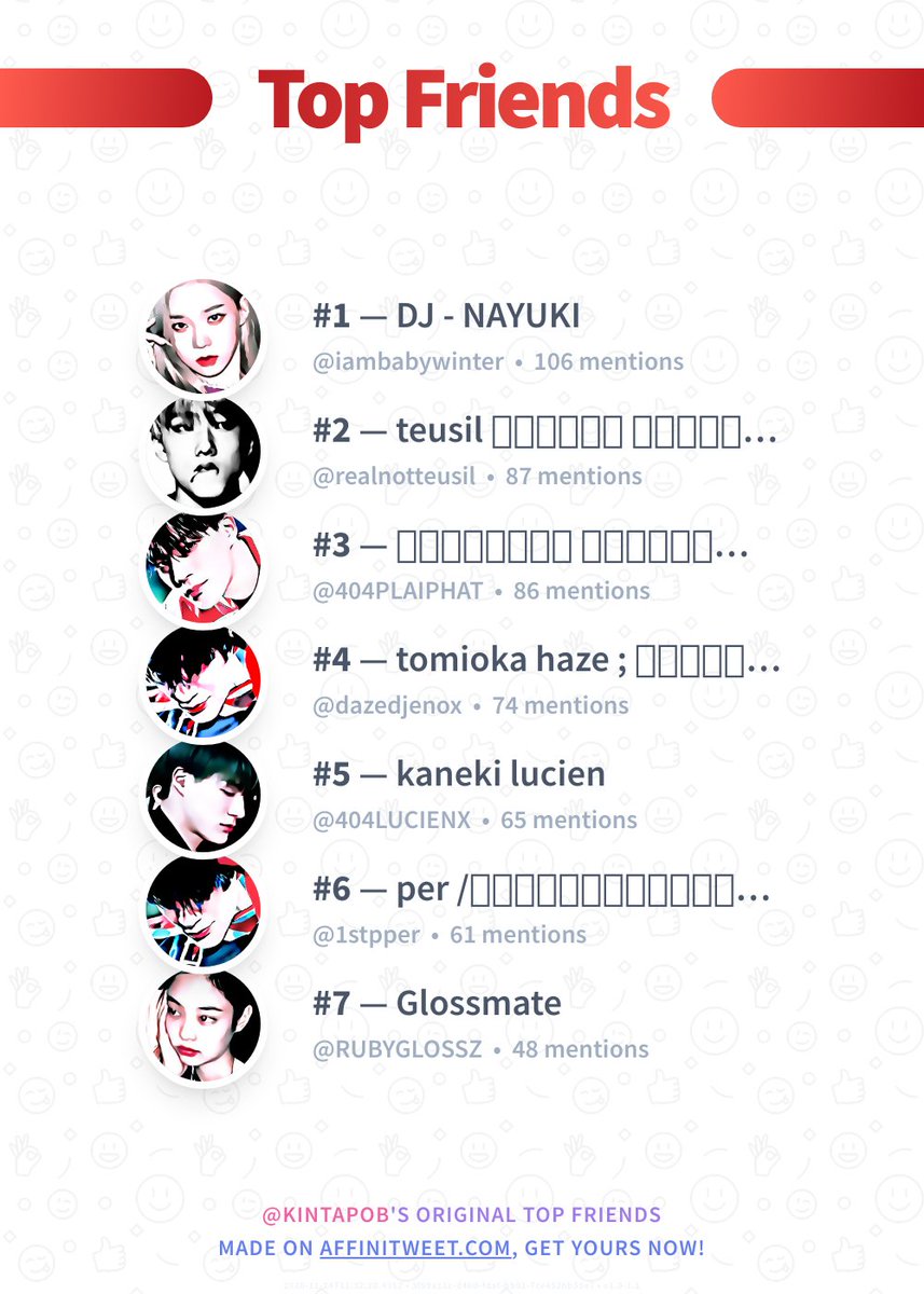 ✨ Top Friends

🥇 @iambabywinter
🥈 @realnotteusil
🥉 @404PLAIPHAT
🏅 <a href="/dazedjenox/">h</a>
🏅 @404LUCIENX
🏅 <a href="/1stpper/">เพ่อปิดแล้วครับ</a>
🏅 @RUBYGLOSSZ

➡️ affinitweet.com/top-friends