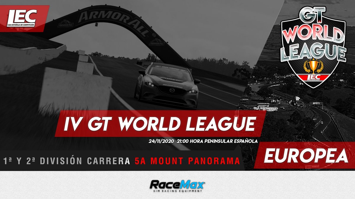 #GTSport 

4ª #GTWorldLeague

1ª y 2ª División

Mount Panorama

Mazda Atenza Gr.4

Horarios:
21:00h - 2ª DIV
22:15h - 1ª DIV

Comentaristas:
2ª: @danny_99_1 y <a href="/baronpozi/">🇪🇸 baronpozi 🇪🇸</a> 
1ª: <a href="/fmerinogalaxy/">Fran Merino - Galaxy</a> y @QuepimQuepam99 

Retransmisión oficial:
twitch.tv/lecesports

#lecesports #simracing