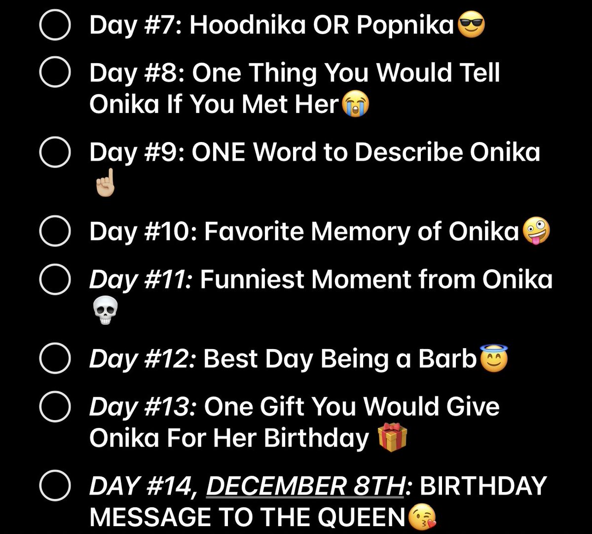 14 Day: Onika Tanya Maraj-Petty’s Birthday Countdown!  #NickiMinaj    @NICKIMINAJ ATTENTION ALL  #BARBZ    What better way to show our LOVE and celebrate then to do a Countdown Celebration?! I have set out Days that everybody can follow! RETWEET DAY #1 IS TODAY SEE THREAD 