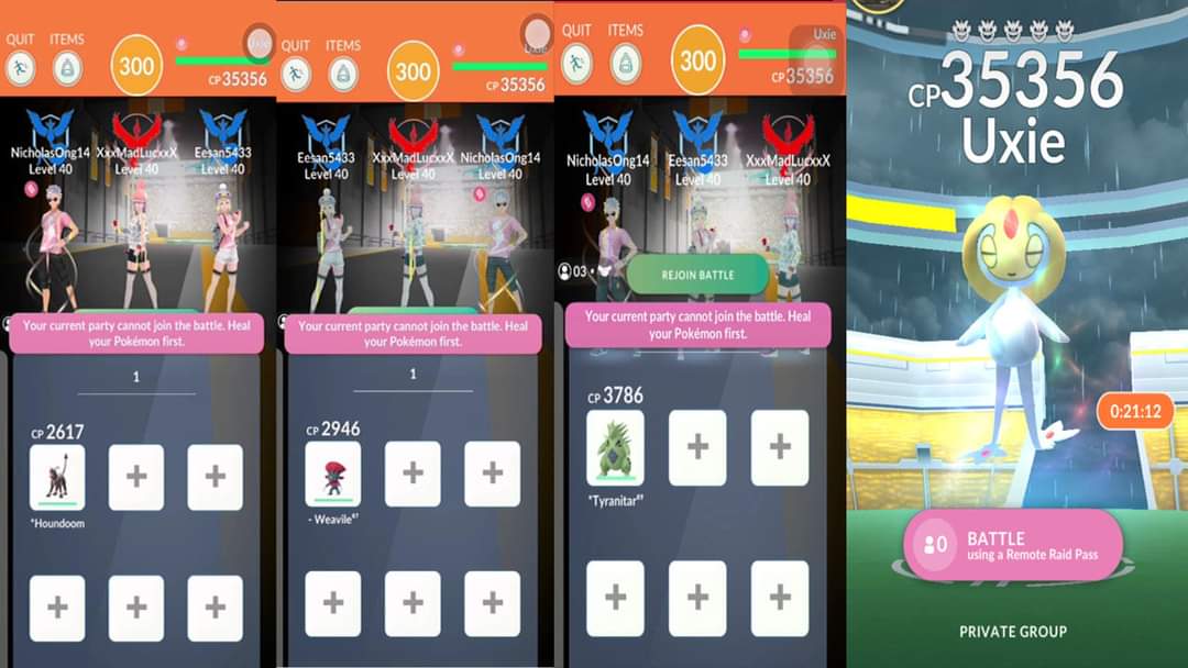 ShanShan05433's tweet photo. Uxie trio challenge is done by using 1 shadow pokemon for each player without weather boost.
Shadow pokemon made the different!!
Youtube๐๐ปhttps://t.co/7emBMeXxJF
#PokemonGO #UxieTrio #ShadowHoudoom #ShadowWeavile #ShadowTyranitar https://t.co/AFjlCUdcEP