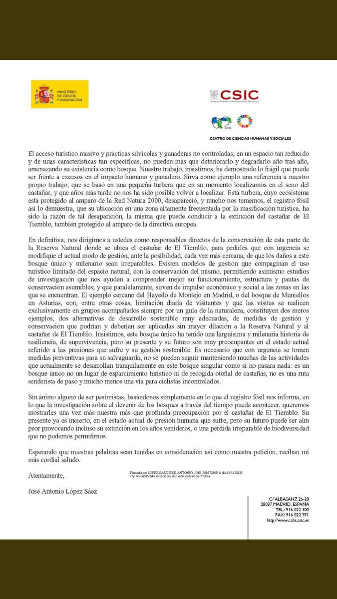 deElTiemblo's tweet photo. Carta que el científico del Centro Superior de Investigaciones Ciéntíficas (C.S.I.C.), @JALopezSaez ha hecho llegar a los responsables directos de la conservación de esta parte de la Reserva Natural @jcyl @naturalezacyl @patrimonionat @patrimonionat @RedNatura2000 @redeuroparc https://t.co/8jB3u1l80o