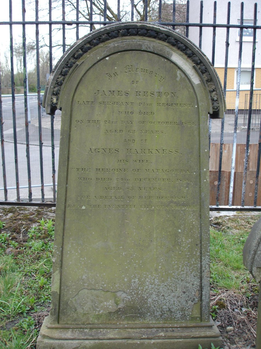 In a grave in the very northeast corner lies the Heroine of Matagorda. Agnes Harkness was born in 1771. With her young child, she accompanied her soldier husband on campaign during the Napoleonic Wars.