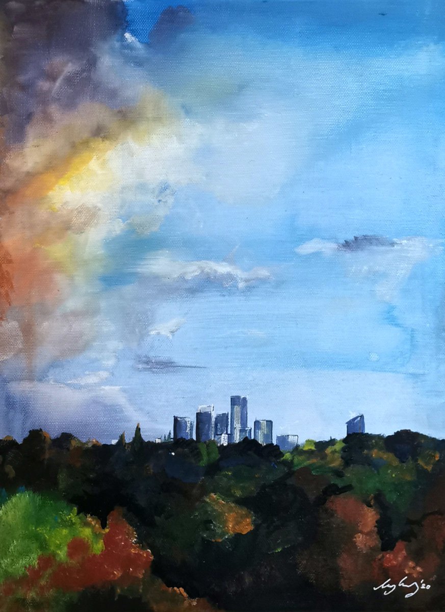 4EVERManchester's tweet photo. ‘A View of Manchester’ by @AmyConey is an A3 acrylic painting of a moody Manchester skyline, combining the iconic grey cityscape with the calmness of nature... we can all only hope for blue skies in Manchester!

#30ArtistsGiveItUp

Place your bid here 🡣
https://t.co/X9YhS4d504 https://t.co/8vzDVJ0c6X