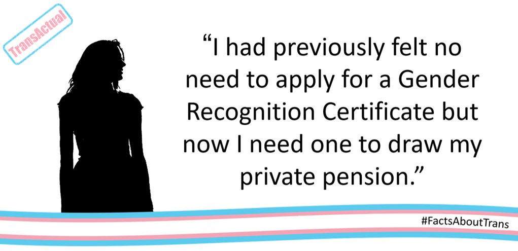 TransActualUK's tweet photo. “I had previously felt no need to apply for a Gender Recognition Certificate but now I need one to draw my private pension.”

If you've yet to respond  to the GRA inquiry please do so before time runs out. For more info please  see https://t.co/kGINNL6PYQ

#problemswiththegra https://t.co/vd3AJMSEj3