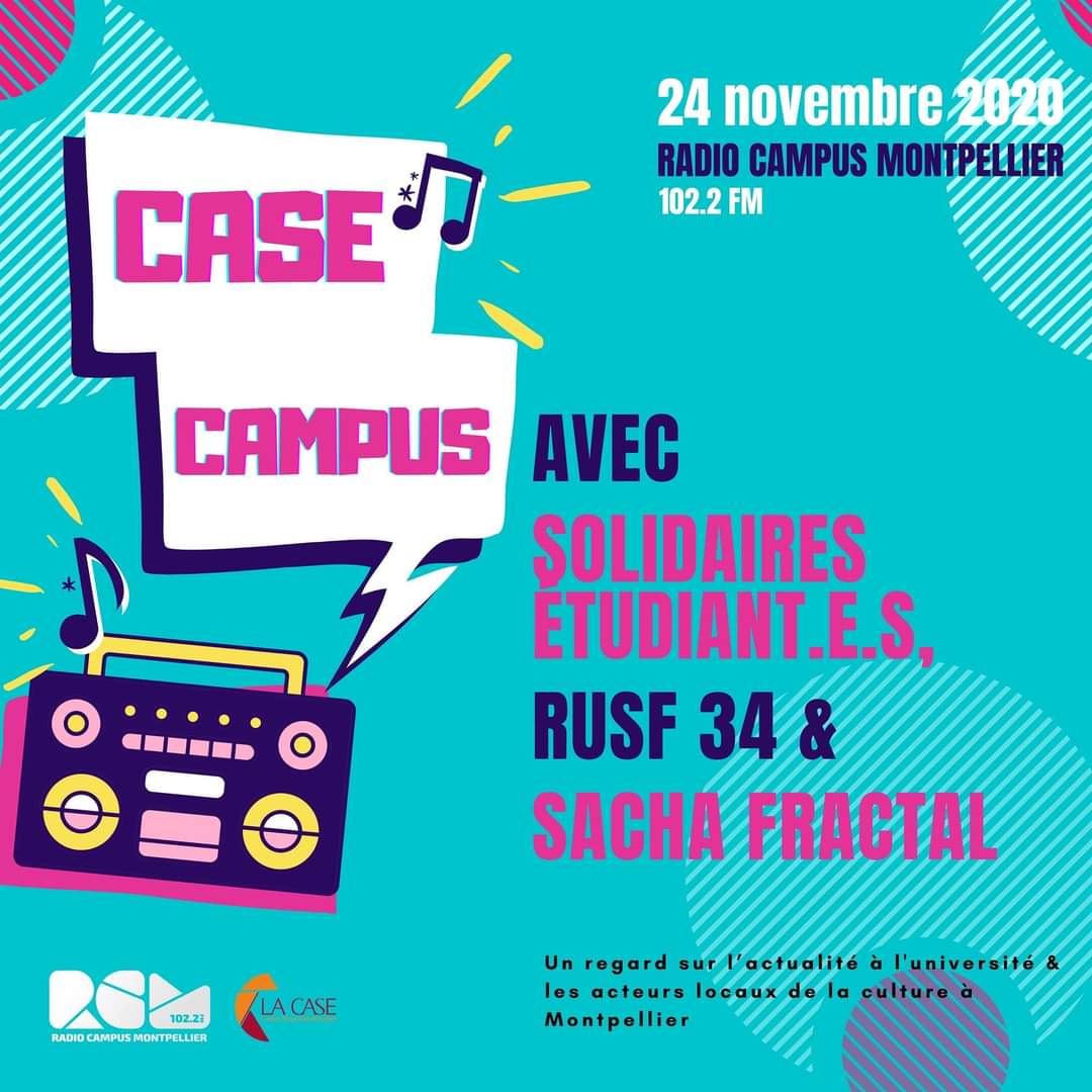 radiocampusmtp's tweet photo. [Case Campus]
À 13h30 retrouvez la #CaseCampus  avec @SolidairesEtu @RUSF34Mtp, @fractalfunction
Nous parlerons de Précarité étudiante, des mesures relatives au Covid, des difficultés auquelles font face les Organisateurs d'événements

#COVID19
#OnAir
#radiocampus
#montpellier https://t.co/KhLzMbqSTD