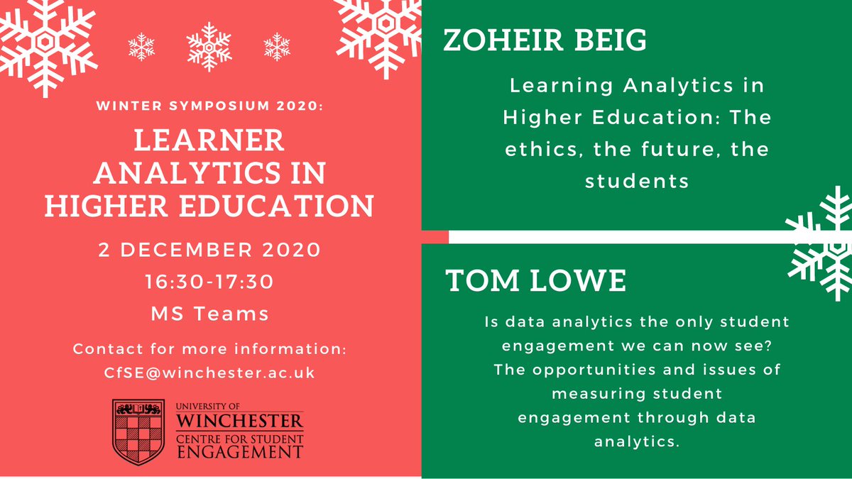 MaishaIslam_28's tweet image. ❗️Please RT: @_UoW&apos;s Centre for Student Engagement would love to invite you to our Winter Symposium❄️! This FREE event takes place on Wednesday 2nd December at 16:30-17:30 and we&apos;ll be talking everything #Data/#LearnerAnalytics in #HE. Register here: tinyurl.com/y3xx8wnm