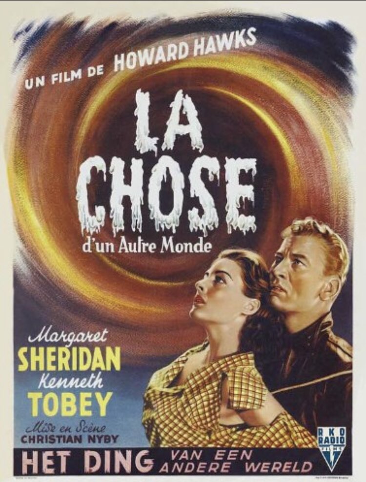 FilmFan1971's tweet photo. The French / Belgian poster is great too, in different ways. I love how he looks more scared than she does and also that it looks like heโs hiding behind her. #TheThing #LaChose #HetDing https://t.co/m79MkEuUxS