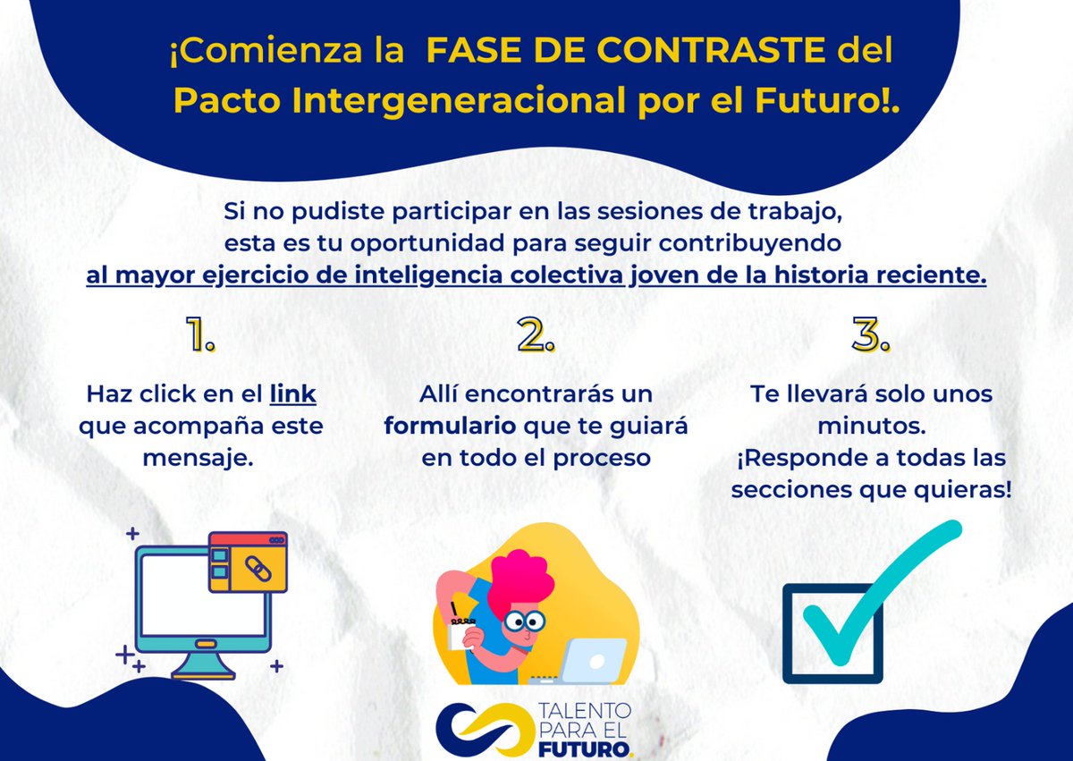 talentofuturo_'s tweet image. Como os avisamos hace una semana...
¡Comienza la fase de contraste del #PactoIntergeneracionalporelFuturo!

Hemos abierto una gran consulta pública para que puedas participar en este gran ejercicio de diálogo y consenso

¿Te apuntas a cambiar la sociedad?👉bit.ly/35Gv80t