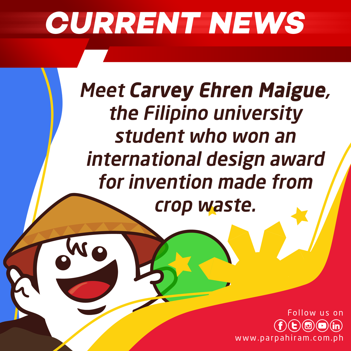 PH_Pahiram's tweet photo. Meet Carvey Ehren Maigue, the Filipino university student who won an international design award for invention made from crop waste👏🏻👏🏻👏🏻.
Read the full story here: https://t.co/RzTIPD5LVp
#ParPahiram #PahiramLoans #SayNoToPredatoryLoans #LowInterestLoans #LoansforPinoy https://t.co/Z4l1xvDkbj