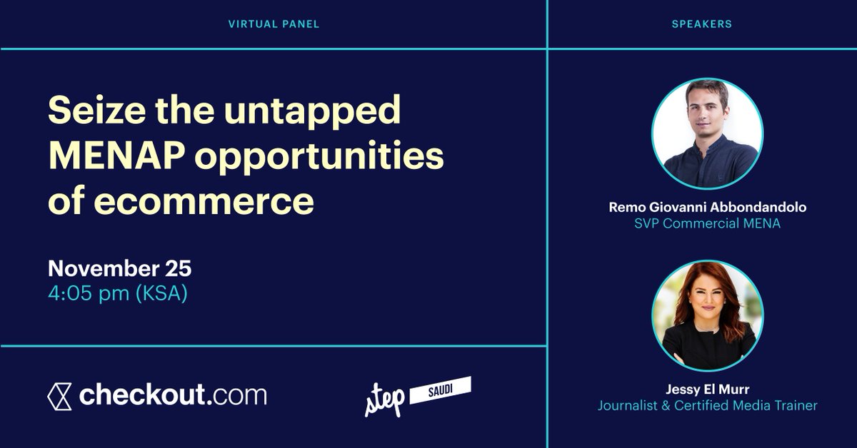 Checkout's tweet photo. 🇸🇦 Tomorrow 🇸🇦
We'll be talking to @jessytrends at #StepSaudi2020 to reveal exclusive insights from our MENAP report.
Discover how the pandemic forced businesses to move away from cash and why the growing youth population promises huge opportunities.
➡️ https://t.co/5BryjWcfS7 https://t.co/NMRQ8fPP99