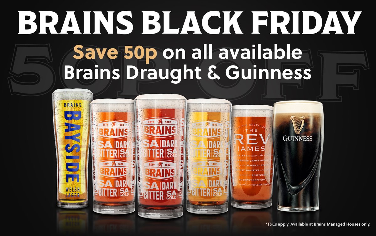 The #BlackFriday deal you don’t have to get up at 5am for but 5pm! Get 50p off a pint of Brains or Guinness this Thursday and Friday between 5pm – 8pm! T&amp;Cs apply visit sndr.so/Xn9kZ for more details.