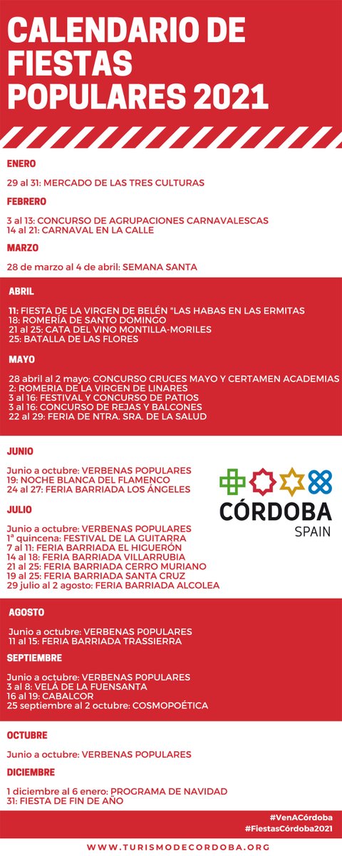 ¡Toma nota del #Calendario de las #FiestasCórdoba2021! Si todo va bien ¡las vamos a disfrutar por todo lo alto! 🥳💃🕺🌺🌹🌷🥂🎸🐴🤩 #VenACórdoba #CordobaEsp Descárgalo en bit.ly/FiestasCórdoba…