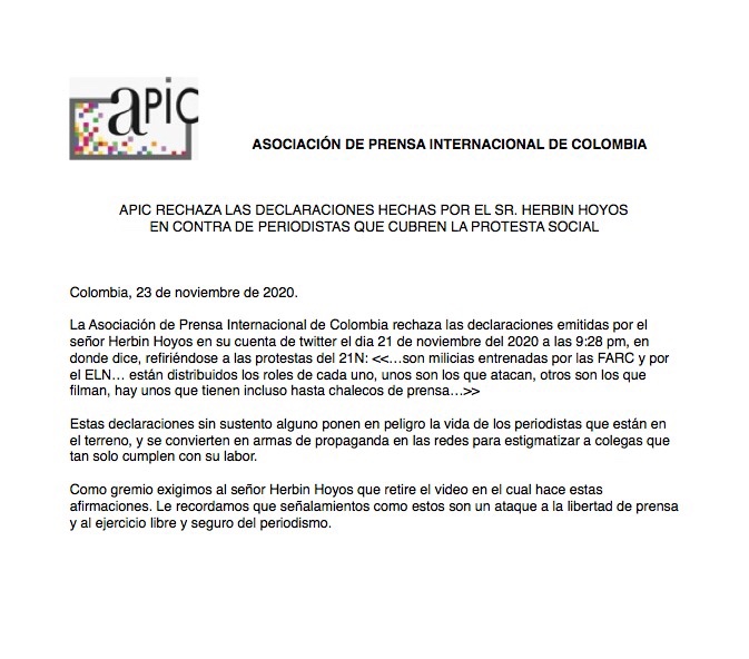 ApicColombia's tweet photo. #ATENCIÓN Periodistas internacionales en Colombia rechazan declaraciones de 
@herbinhoyos
 que ponen en peligro a los colegas que están en terreno; y le exige que retire esas afirmaciones de Internet 
@RSF_esp
 
@FLIP_org
 
@Reuters
 
@Colprensa https://t.co/cROUmk8gWX