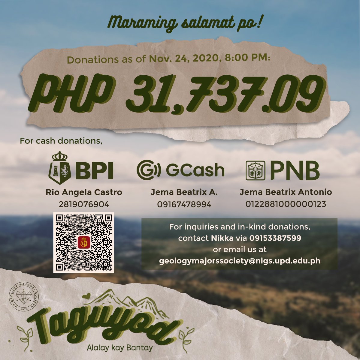 upgems's tweet photo. MARAMING SALAMAT PO!

Through your support, we have already collected Php31,737.09 as of November 24, 8:00PM!

As of our latest interview (Nov. 22) with the co-founder of BES, there are now 70 Bantay Gubat in Mt. Balagbag and so, we have updated our minimum target. 

#Taguyod2020 https://t.co/DcSCMT4Va9