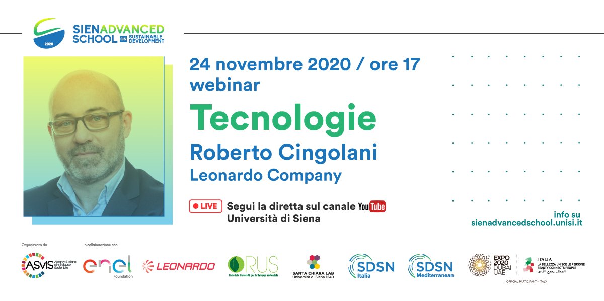 ⏰ Oggi 24/11, H 17 il fisico #RobertoCingolani, Chief Technology &amp; Innovation Officer <a href="/Leonardo_IT/">Leonardo</a>, sarà in streaming alla #SienAdvancedSchoolSDGs, l'alta scuola sullo sviluppo sostenibile, con una lezione dal titolo "Tecnologie".
🔴🎥 Live: bit.ly/397OayY
@LDO_CTIO0