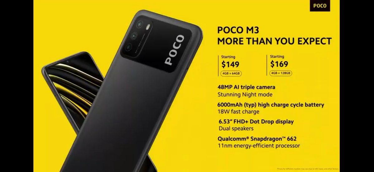 TechTipster_'s tweet photo. POCO M3 officially launched
6.53" IPS LCD FHD+
Snapdragon 662 SoC
8MP | 48+2+2MP (Depth)
4GB LPDDR4X RAM
64GB, 128GB UFS 2.2 storage
Side mouted FPS
6,000mah
18W
3.5mm jack
Miui 12
Android 10
4GB+64GB: $149 (~₹11,033)
4GB+128GB: $169 (~₹12,514)
#POCOM3 #MoreThanYouExpect https://t.co/jH7dRhiqaU