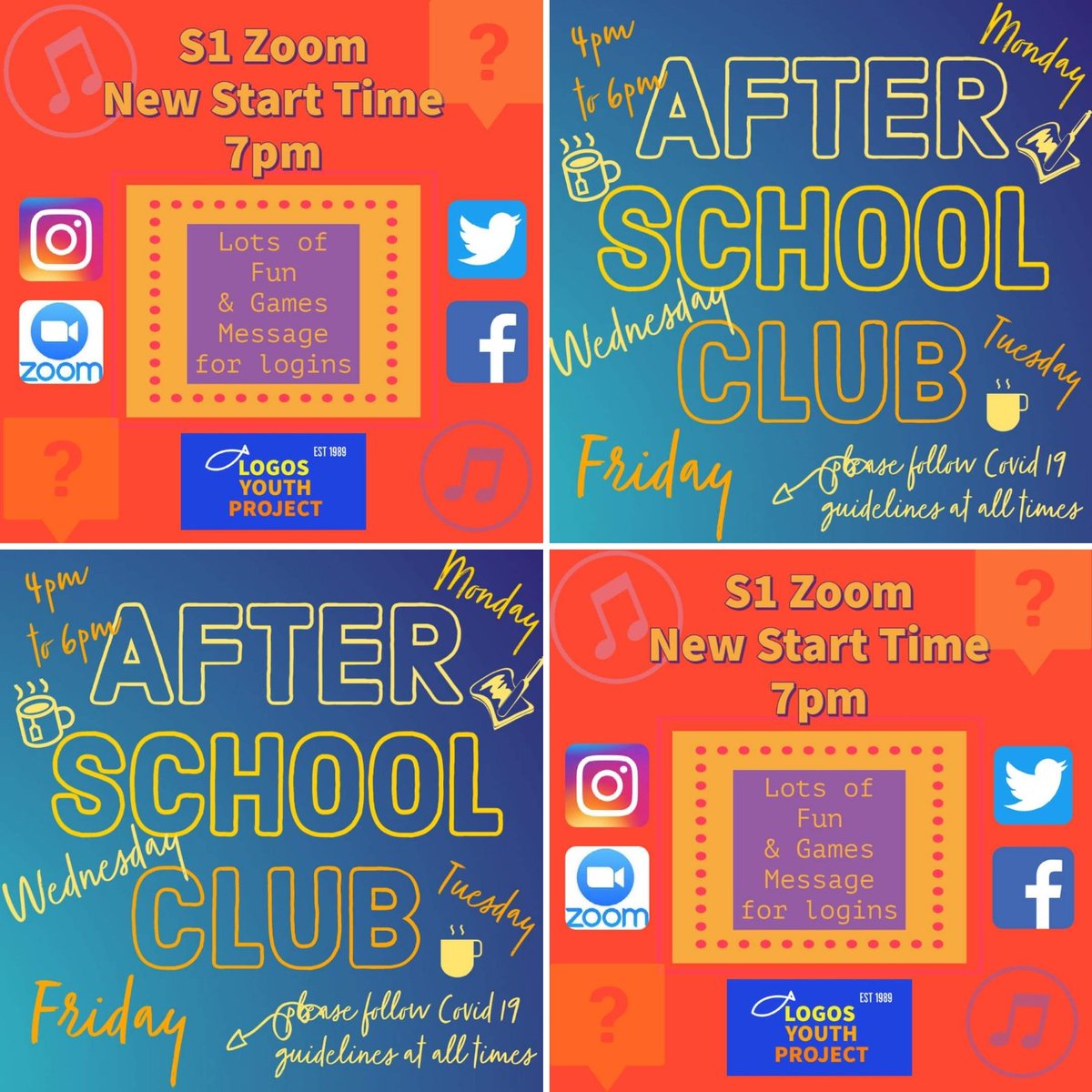 YouthLogos's tweet photo. What's on today! After School Club from 4pm to 6pm. Remember to bring a mask! S1 Zoom from 7pm to 8pm. Please message if you would like the login details. See you all soon. #logosyouth #Logosonzoom #rememberyourmask @pandkyouthwork @CrieffHigh @TheCSoA https://t.co/4uGxOqyPvp