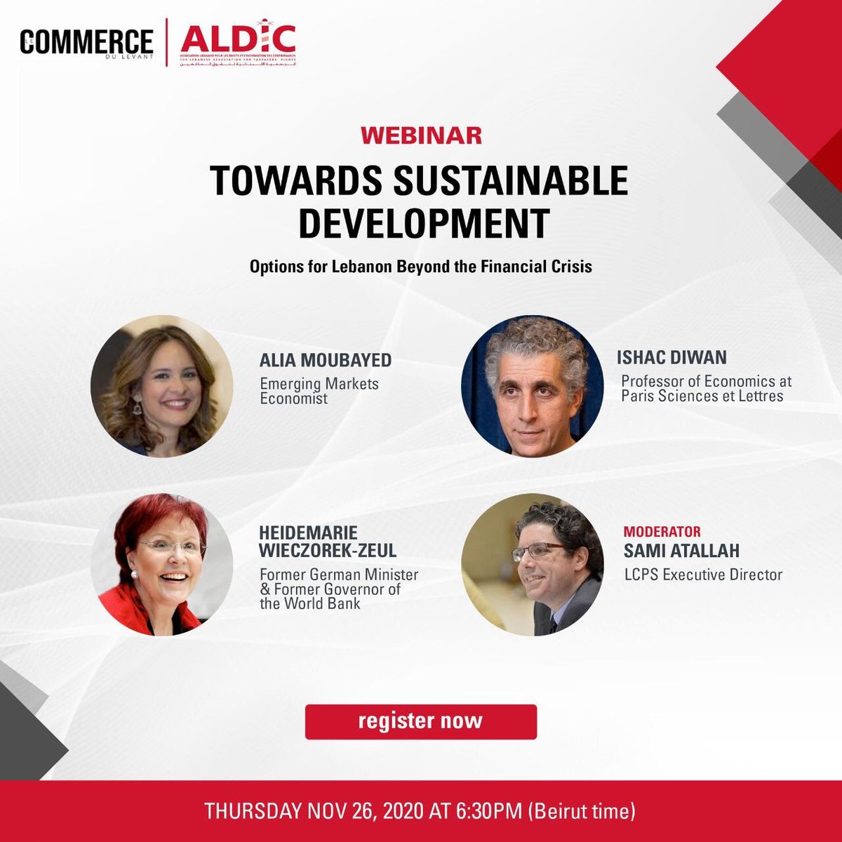 Join us this Thursday at 6:30 p.m for a webinar about the requirements, challenges, and ways to overcome #Lebanon’s several crises and achieve more sustainable development. The webinar is moderated by <a href="/samiatallah1/">sami atallah</a> 
Register here: bit.ly/399noGr
<a href="/CommerceLevant/">Le Commerce du Levant</a> #ALDIC