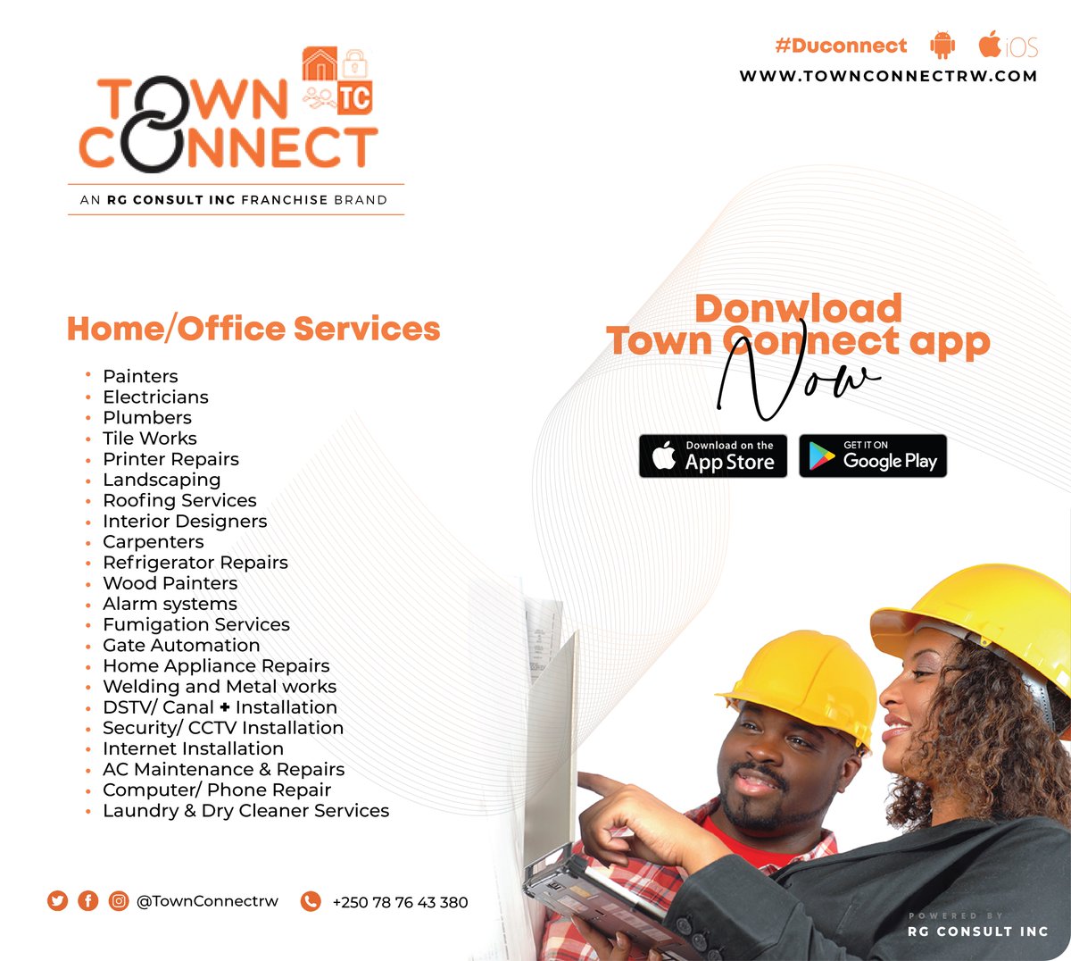 townconnectrw's tweet photo. #RWOT looking for home/office services such as Electronic Repairs, Plumbing, Fumigation, etc #TownConnect brings you these skilled technicians on the go. Download our app on Android (https://t.co/TA7Z28ARu3), iPhone (https://t.co/OHTsjKG1iF) or call us on 0787643380 for help. https://t.co/okKMyuQrXH