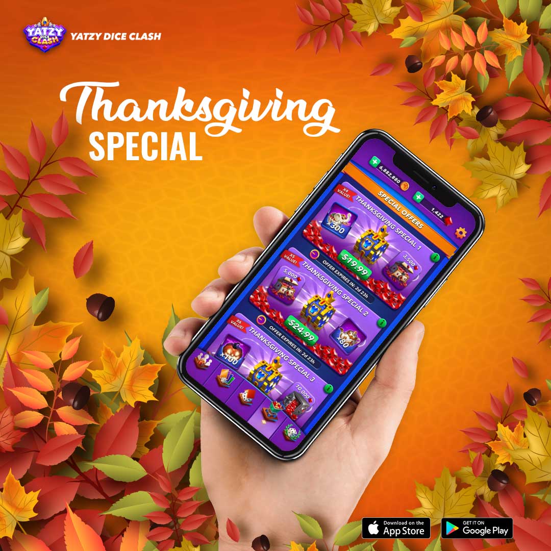DiceClash's tweet photo. With Thanksgiving coming up soon, we want to help make it a little more fun with exciting new offers.

🛒Visit the Yatzy Dice Clash store for our #Thanksgiving Specials and get your King's Chest full of surprises.

Offers available from the 24th-26th of November. https://t.co/P85ZyMM4Un