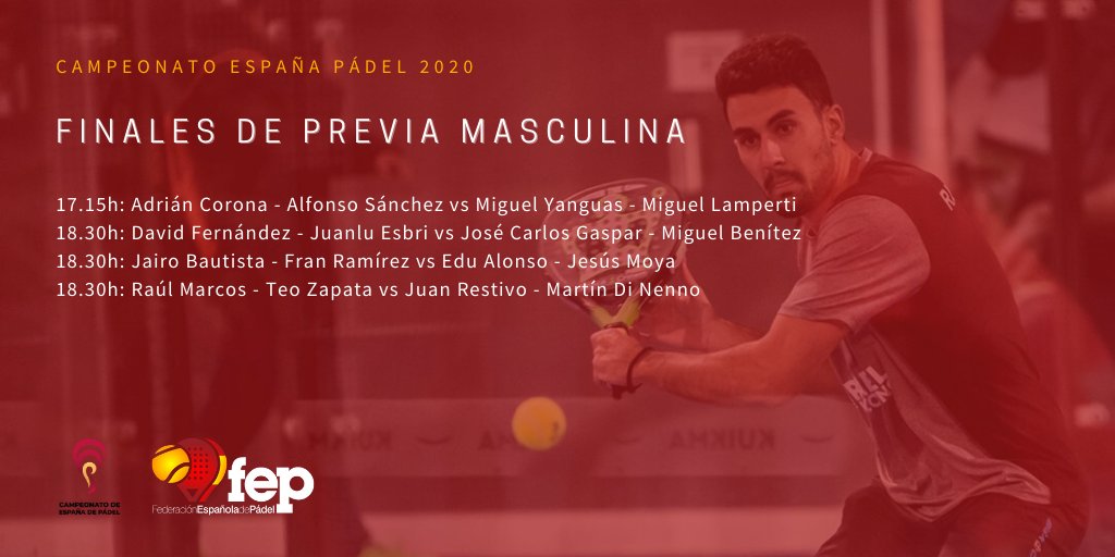 ⚔️¡Batalla final en la previa masculina!
🟥A partir de las 17.15h, se deciden las cuatro parejas que completarán el cuadro final masculino de este Campeonato de España de Pádel 2020. 

#FEP #CtoEspAbs #CEP2020 #padel #padelfederado