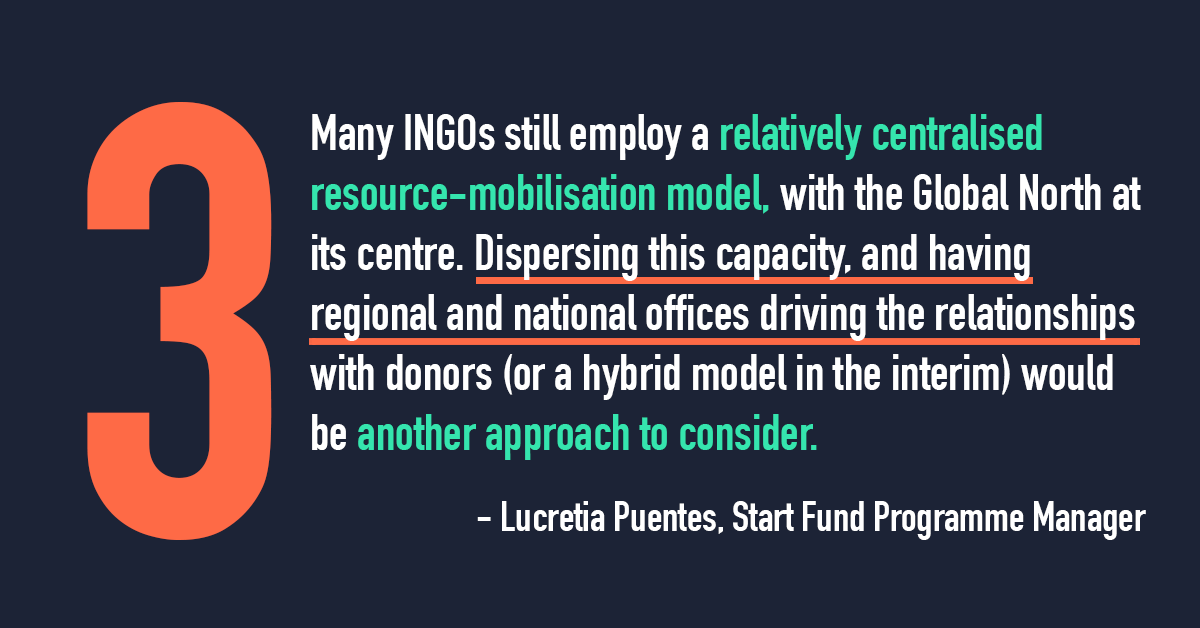 StartNetwork's tweet photo. 3. Having regional/national offices drive relationships with donors is a way to decentralise resource mobilisation. #Funding4Dev https://t.co/ntKyQoTTfY