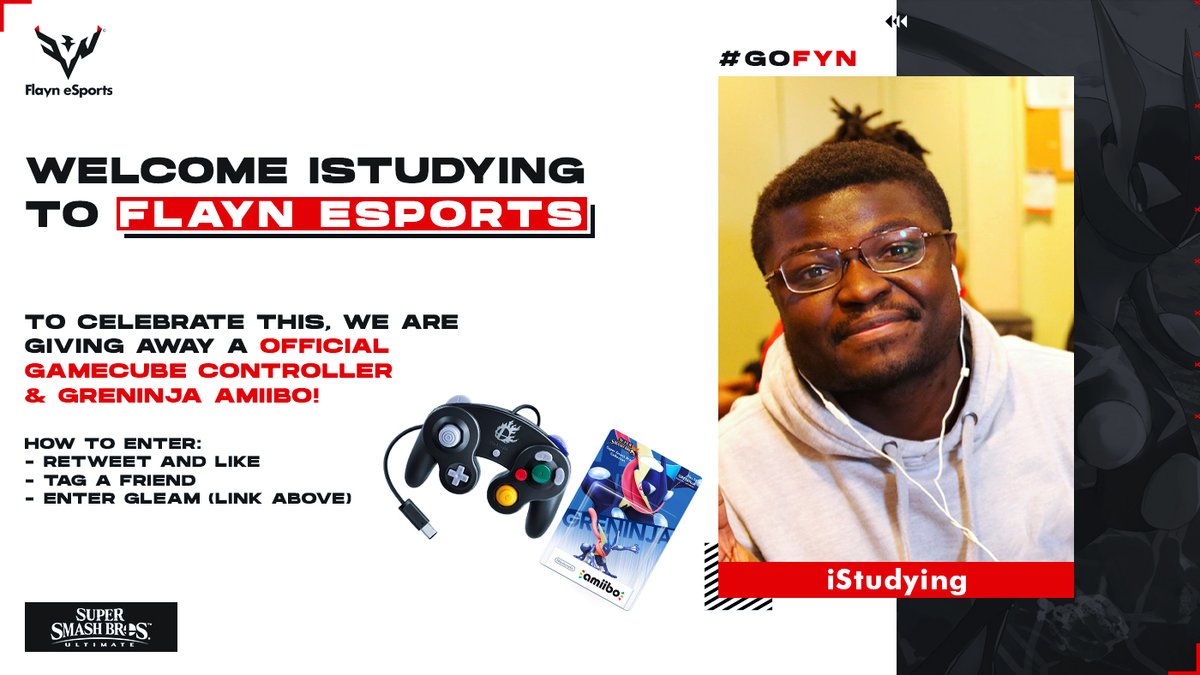 FYNeSports's tweet image. [#SSBU]

Flayn eSports makes a splash!🌊

Please welcome @iStudying to the SSBU team.🤝

To celebrate this, we are giving away an official gamecube controller and a greninja amiibo.🎮🐸

To enter: 
RT+Like
Tag a Friend
Enter: bit.ly/3pUm9kt