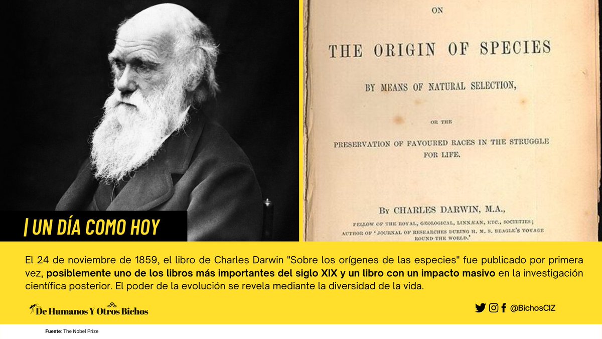 BichosCIZ's tweet photo. #UnDiaComoHoy
El 24 de noviembre de 1859, el libro de Charles Darwin "Sobre los orígenes de las especies" fue publicado por primera vez, posiblemente uno de los libros más importantes del siglo XIX y un libro con un impacto masivo en la investigación científica posterior. https://t.co/62SxX7fDS7