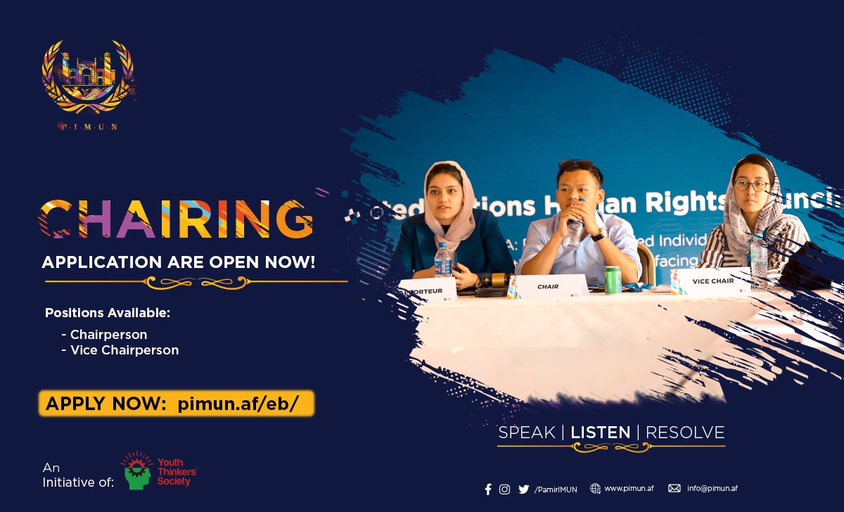 pamirimun's tweet photo. Executive Board applications are now open for #PIMUN2020. Experienced MUNers are encouraged to apply for one of the following positions.
1) Chairperson
2) Vice-chairperson

Apply here: https://t.co/3tJ5qVGHE9
Deadline: 25th November 2020 https://t.co/CpCUJ96fQ4