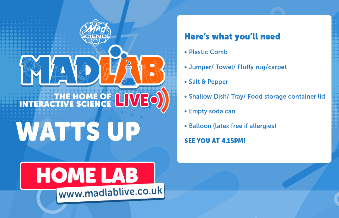 MadScienceWales's tweet image. Join us for WATTS UP tonight at 4.15pm and grab a few of these household items to Science along LIVE in session
madlablive.co.uk/events to grab your session pass.

See you all soon! #STEMClass #OnlineScienceClass #MoreScience #ExploreMadScience #MADLABLive #HOMELABS