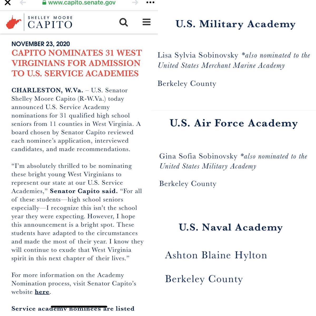 CONGRATULATIONS!!! We are so proud of you girls &amp; ashton for working hard, being nominated, and representing our school so well! We cannot wait to see you all thrive in the academies! 💙💛

capito.senate.gov/news/press-rel…