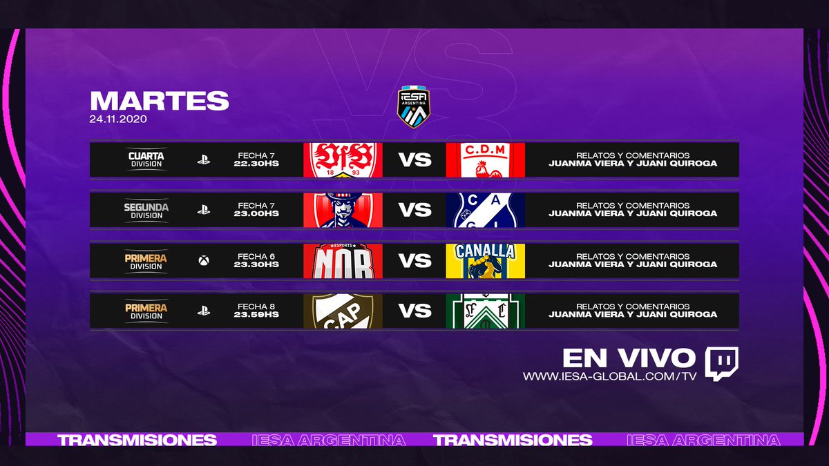 🖥 #IESATV

El martes en IESA nos trae unos auténticos partidazos por las #IESACuarta, #IESASegunda y #IESAPrimera de PS4.

Mientras que en XBOX tendremos el #ClásicoRosarino por la #IESAPrimera 🔥

🕗 22.30hs
🎙 <a href="/JuanmaViera27/">Juanma Viera</a> y <a href="/KerykeionTV/">Kery</a>

➡️ iesa-global.com/tv