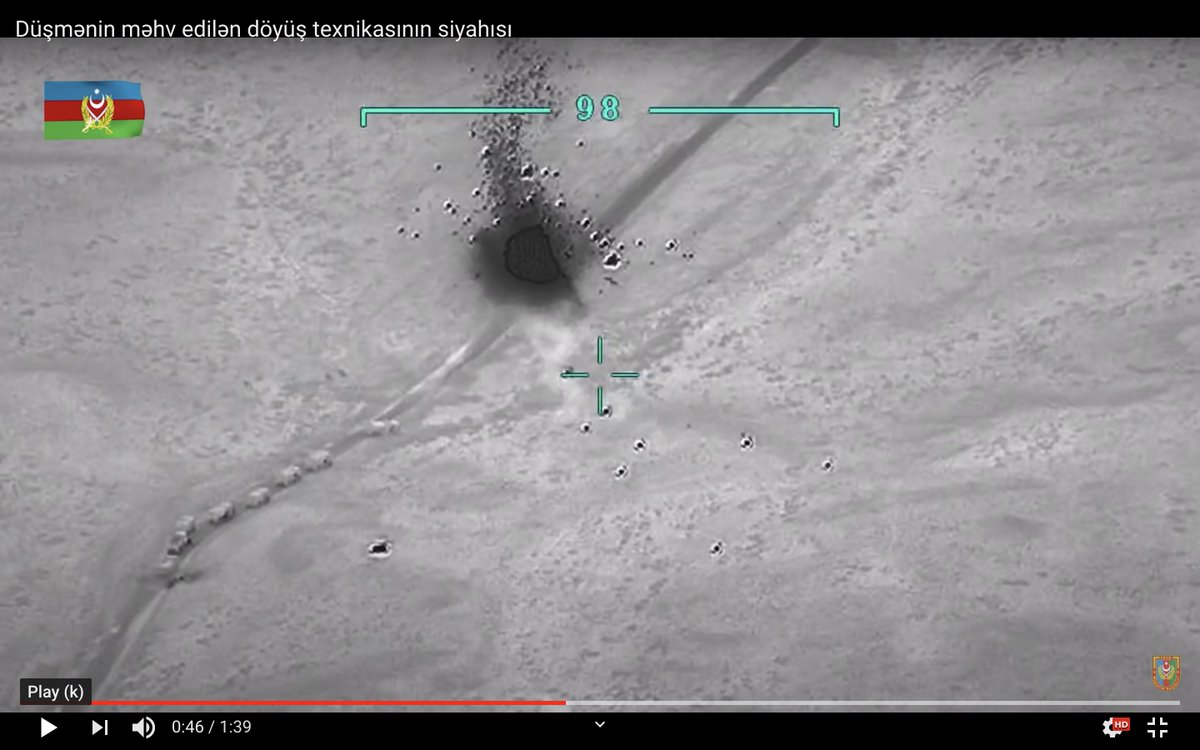 18. Theory - maybe same convoy under TB2 strikes late Sept in these 2 videos.  (0:37)+  Road + vehicle alignment generally match + with 1 truck briefly seen in vid to have moved off road (red). Many grads litter ground in both films.