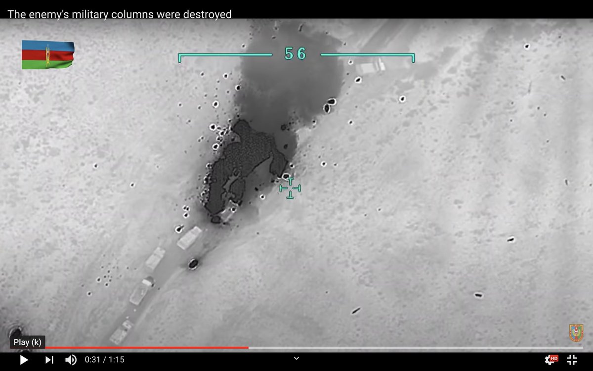 18. Theory - maybe same convoy under TB2 strikes late Sept in these 2 videos.  (0:37)+  Road + vehicle alignment generally match + with 1 truck briefly seen in vid to have moved off road (red). Many grads litter ground in both films.