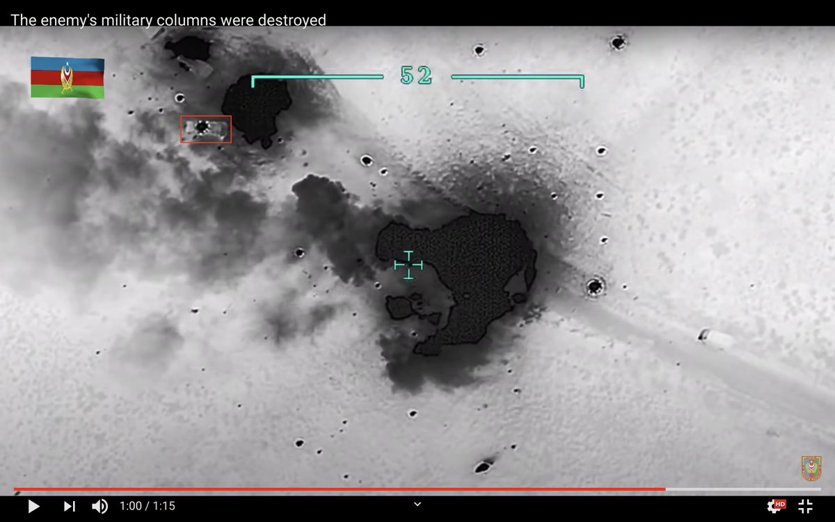 18. Theory - maybe same convoy under TB2 strikes late Sept in these 2 videos.  (0:37)+  Road + vehicle alignment generally match + with 1 truck briefly seen in vid to have moved off road (red). Many grads litter ground in both films.