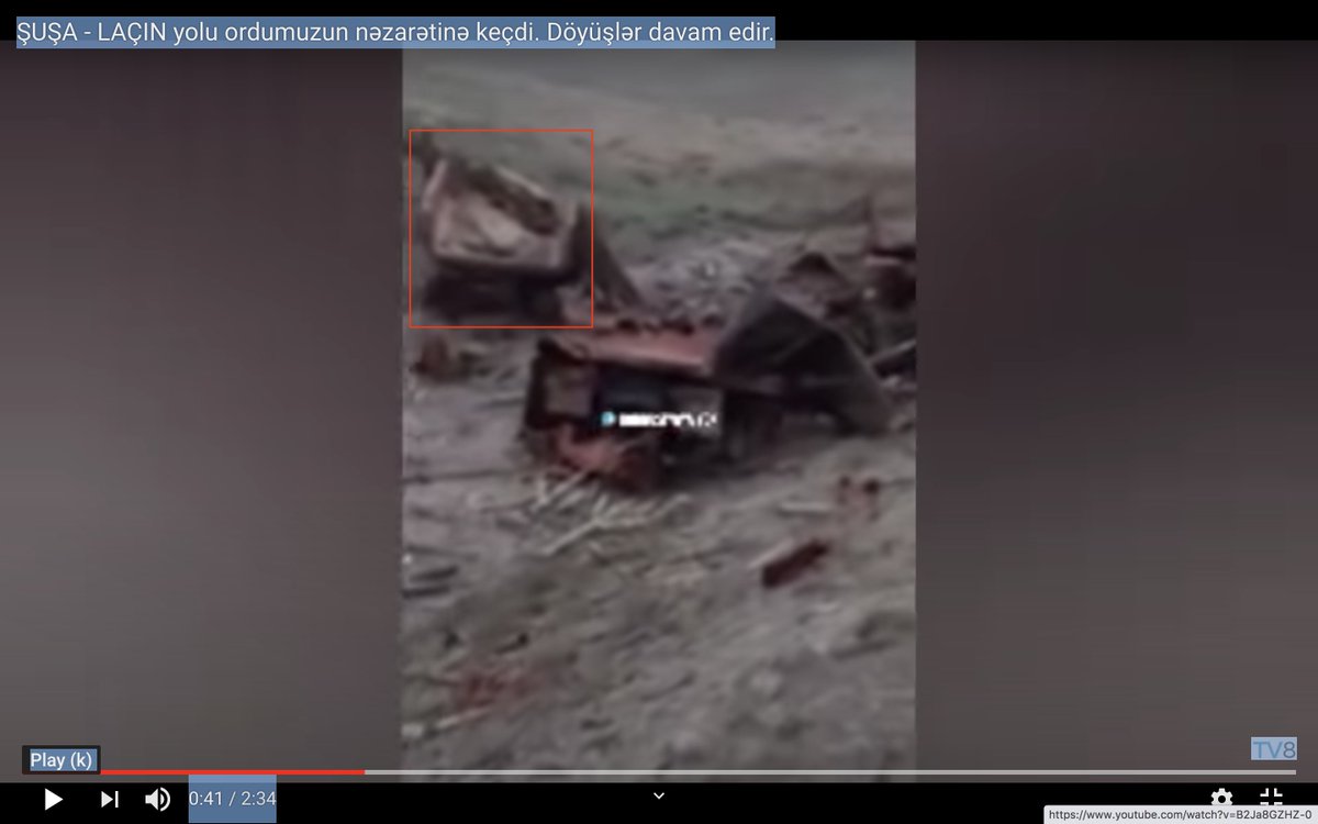 18. Theory - maybe same convoy under TB2 strikes late Sept in these 2 videos.  (0:37)+  Road + vehicle alignment generally match + with 1 truck briefly seen in vid to have moved off road (red). Many grads litter ground in both films.