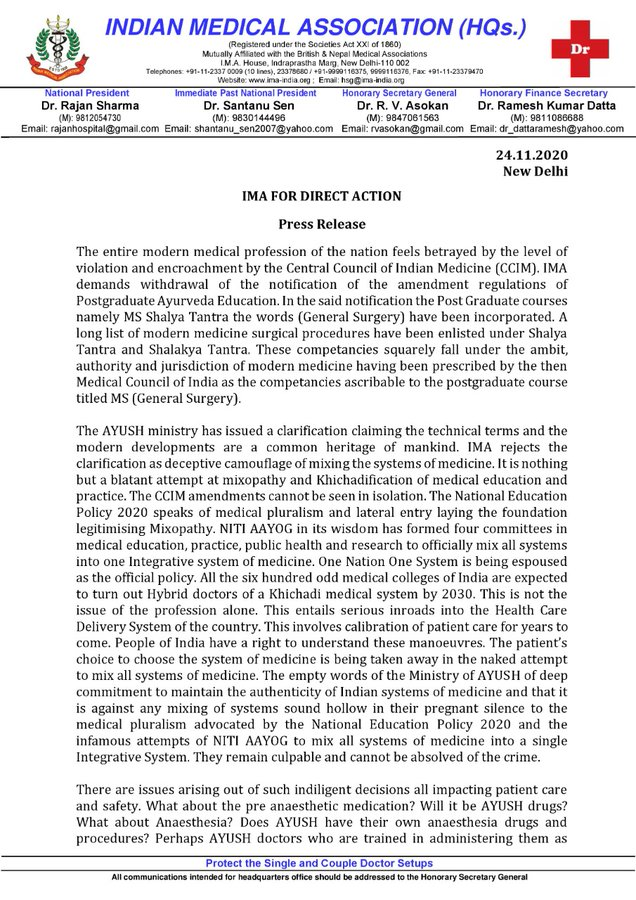 ANI's tweet photo. Indian Medical Association demands withdrawal of the notification of the amendment regulations of Postgraduate Ayurveda Education; IMA says, "It is nothing but a blatant attempt at mixopathy and khichadification of medical education and practice." https://t.co/pXQxazGlFf