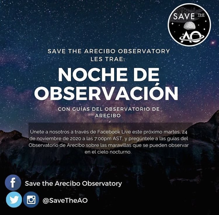 SaveTheAO's tweet image. ¡Hola! Hoy tenemos una noche de observación ✨ Tendremos un Facebook Live desde las 7:00 pm AST y tendrás la oportunidad de hacerle preguntas a guías del Observatorio de Arecibo. ¡Los esperamos! #SaveTheAreciboObservatory