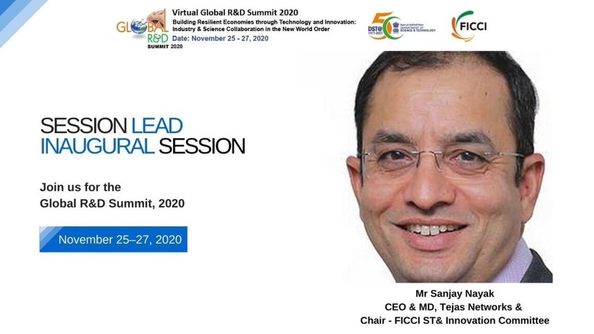 Mr Sanjay Nayak, CEO &amp; MD, Tejas Networks &amp; Chair of <a href="/ficci_india/">FICCI</a> S&amp;T Committee will be speaking at the inaugural session of <a href="/GlobalRD_FICCI/">GlobalR&D_FICCI</a> on 25 Nov 2020 at 1600 Hrs. Stay tuned! registrations.ficci.com/rndfic/online-…
#GRDS2020