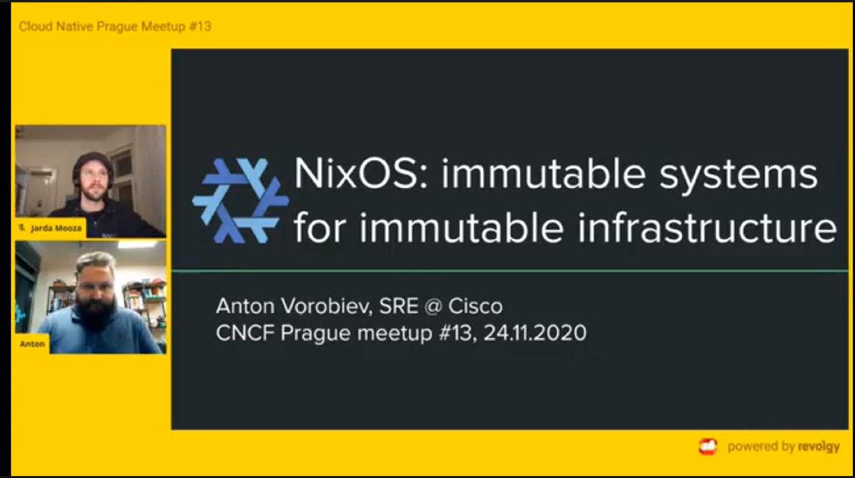 Watching Anton talking about using #NixOS at Cisco at the <a href="/CloudNativePrg/">Cloud Native Prague</a> event. 

Cc <a href="/nixos_org/">NixOS</a>
